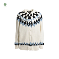 Cardigan en tricot à carreaux bleus personnalisé pour la vente en gros, veste à capuche, haut en tricot Fair Isle unisexe en coton, pull pour femme