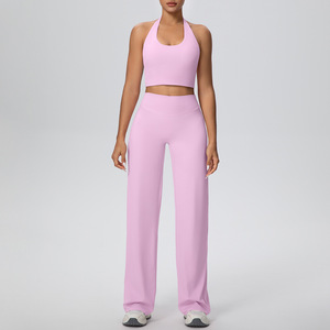 Wholesale Halter Neck Yoga Set Women Backless Sports Bra Straight Leg Pants Seamless Stretchy Nylon Elastane Gym Fitness Outfit - Product Image 1