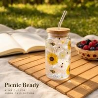 Verre à boire en verre transparent avec couvercle en bois et paille en verre, motif tournesol, pour café glacé, lait, jus, usage domestique et café