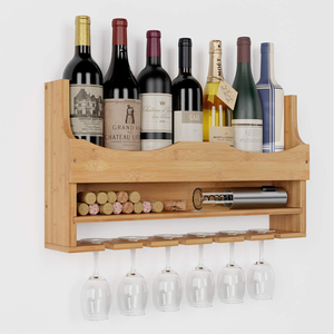 Bamboo Wall Mounted Wine Rack Wine Bottles Holder with Hanging Stemware Glasses Set and Wine Cork Storage
