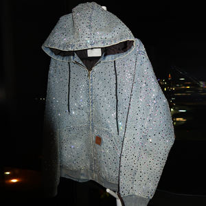 Personnalisé 100% Coton Strass <span class=keywords><strong>Veste</strong></span> Homme Cristal Streetwear Surdimensionné Baggy Applique Patch Brodé Hommes Zip Up Denim À Capuche - Product Image 6