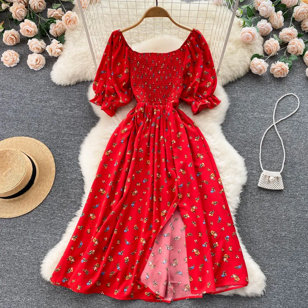 Robe pour femmes, élégante, mode personnalisée, col rond, romantique, imprimé Floral, fendue, longue, bouffante, robes décontractées, vente en gros