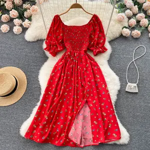 Vestido para mulheres, atacado para senhoras elegante moda personalizada gola redonda romântica floral malha impressão dividido longo puff vestidos casuais