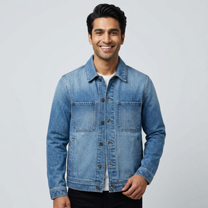 Light blue denim <b>jacket</b> for men casual button front outerwear seamless gym fitness <b>workout</b> custom breathable streetwear coat - Product Image 1