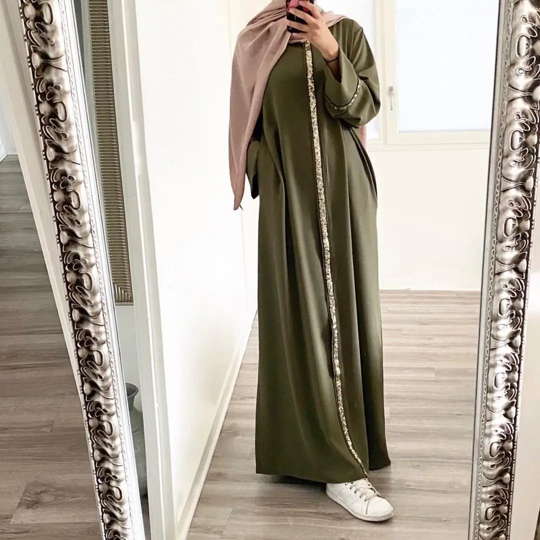 Robe Musulmane pour Femmes Paillettes Vestidos Ramadan Longues Robes Turques Couleur Solide Chiffon Robe Marocaine Caftan