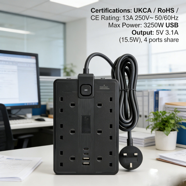 UKCA Certified UK Power Strip Surge Protected Extension Lead, 8 Way 4 USB Ports 3.1A, 13A 3250W 1.5M for Home Office Appliances