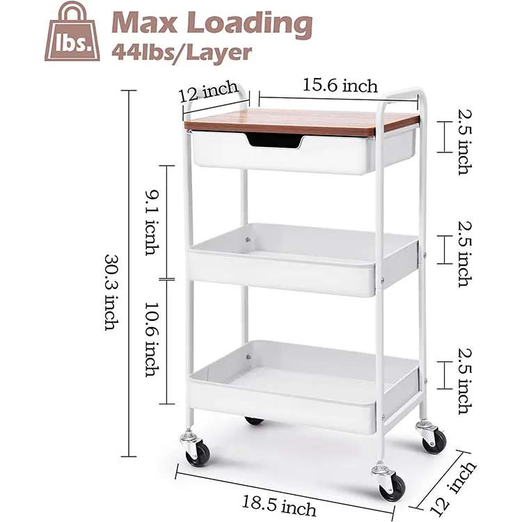JH-Mech Saving Space 3-Tier Utility Rolling Cart with Handle Wooden Board and Drawer Locking Wheels Metal Storage Rolling Cart