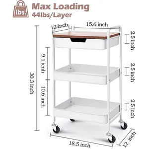 JH-Mech Saving Space 3-Tier Utility Rolling Cart With Handle Wooden Board And Drawer Locking Wheels Metal Storage Rolling Cart