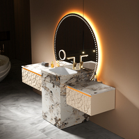 Meuble-lavabo mural de luxe léger, armoire en relief 3D, support en marbre Pandora, miroir LED intelligent rond