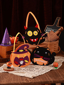 Cesto in feltro per caramelle di Halloween, borsa tote a forma di gatto e pipistrello per il Festival dei Fantasmi, borsa decorativa colorata a forma di zucca per dolcetti - Product Image 1