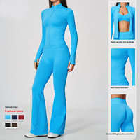 Nouvel ensemble 2 pièces transfrontalier pour le yoga et le sport : Manteau uni à manches longues avec fermeture éclair et pantalon évasé, haute élasticité, sans couture, séchage rapide