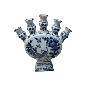 Jarrón de cerámica floral poroso de estilo europeo, venta al por mayor, nuevo y moderno florero de cerámica azul y blanco de pavo real de 5 agujeros