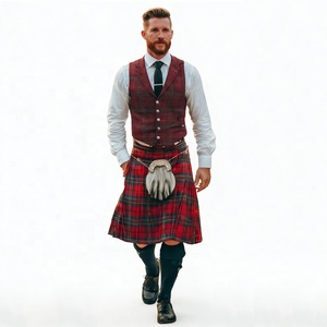 Conjunto Completo de Kilt Escocês Masculino com Colete Xadrez Vermelho e Sporran para Halloween, Cosplay e Festas a Fantasia - Product Image 1