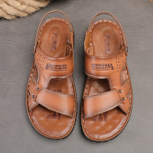 Sandales à lanières en T pour hommes, en cuir de vachette première couche, semelle extérieure en caoutchouc antidérapante, décontractées, d'été, à bout ouvert, motif uni - Product Image 5