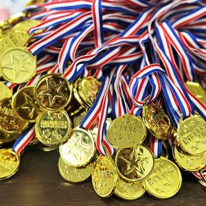 Gold Plated Plastic Medals With Red White Blue Ribbons For Kids Sports Events And School Awards - Product Image 1