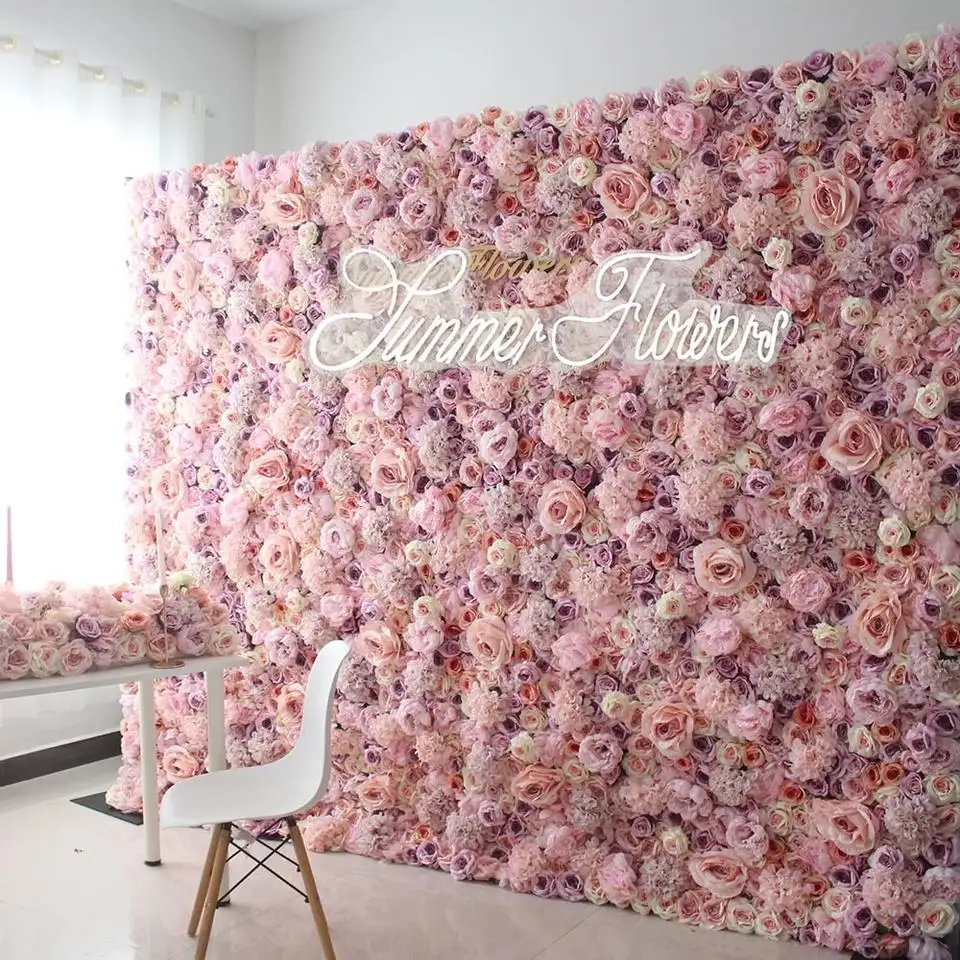 공장 판매 실크 패널 꽃 벽 장식 벽 배경 핑크 꽃 벽 배경 8ft x 8ft