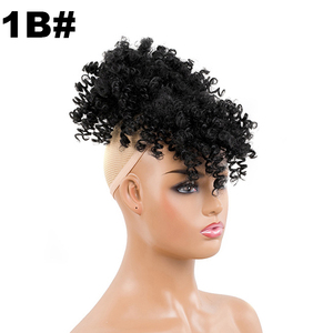 Naturel noir afro bouffée cordon queues de cheval <span class=keywords><strong>avec</strong></span> <span class=keywords><strong>frange</strong></span> haute qualité afro bouffée <span class=keywords><strong>chignon</strong></span> postiche femmes noires cheveux synthétiques - Product Image 4
