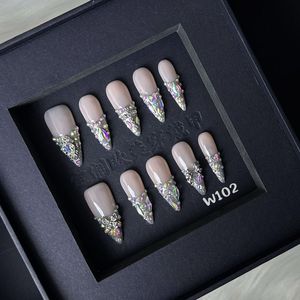 Fábrica personalizada hecha a mano pétalos tallados estilo brillo brillante <span class=keywords><strong>uñas</strong></span> de gel 3 diamante Prensa en cubierta completa puntas de <span class=keywords><strong>uñas</strong></span> acrílicas con caja - Product Image 3