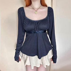 Camiseta de Manga Larga para Mujer, Primavera-Verano 2026, Ecológica, Corte Ajustado, con Estampado de Lunares, Detalle de Volantes en el Busto y Lazo, Estilo Casual para Citas - Product Image 4