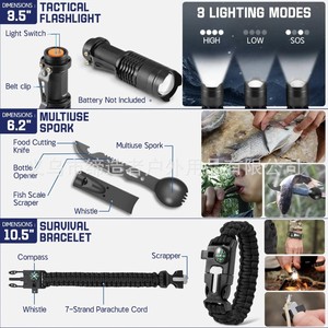 Kit de herramientas de supervivencia, linterna táctica, pulsera multiusos, equipo de emergencia para acampar al aire libre, compacto, 20x15x9cm - Product Image 1
