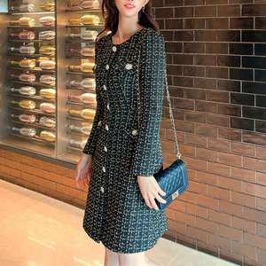 Personnalisé Automne Hiver Décontracté Vintage Couleur Unie Col Ras Du Cou A-ligne Bouton Poches Mini Manches Longues Femmes Tweed <span class=keywords><strong>Robe</strong></span> Blanc Élégant - Product Image 5