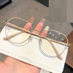 Novo Metal Anti-Azul Luz Óculos Moda Rodada Óculos Frames Vintage Feminino Champagne Eyewear