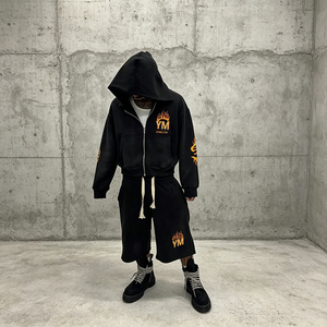 OEM Custom Sweatshirt <strong>Shorts</strong> <strong>Set</strong> Vintage Streetwear Drawstring Raw Hem Casual Loose Zip up <strong>Hoodie</strong> <strong>and</strong> <strong>Shorts</strong> Two Piece <strong>Set</strong> <strong>Men</strong> - Product Image 2