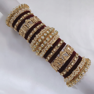 Gold Plated Meenakari Velvet <b>Bangles</b> <b>Set</b> with Pota Stone and Pearl Elegant Pearl Bracelets - Product Image 2