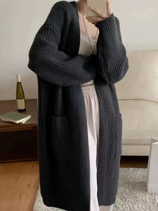 Cardigan Maglione Autunnale da <span class=keywords><strong>Donna</strong></span> Personalizzato Lavorato a Maglia Spessa di Fabbrica OEM a Maniche Lunghe Ampio Taglie Forti Casual Lungo <span class=keywords><strong>Basic</strong></span> - Product Image 6