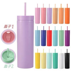 Venta al por mayor de vasos de plástico acrílico delgados de doble pared con pintura de goma, rectos, de 16 oz, con pajita, personalizados y de gran demanda. - Product Image 2