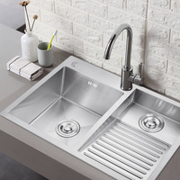 Évier de cuisine à cuve unique en acier inoxydable 304, grand format, fait main, avec deux trous, finition brossée épaissie, pour usage domestique et piscine