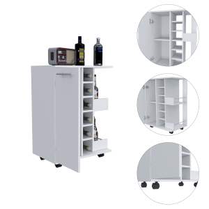DB Single Door White Finish Bar <b>Cart</b> with Four Casters and Six Wine Cubbies Wells and Wine <b>Storage</b> Cabinet Set - Product Image 4