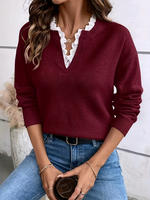 Pull tricoté décontracté pour femme, col en V, avec dentelle, respirant, anti-plis, extensible, tendance, 100 % coton, collection automne européenne, vente en gros