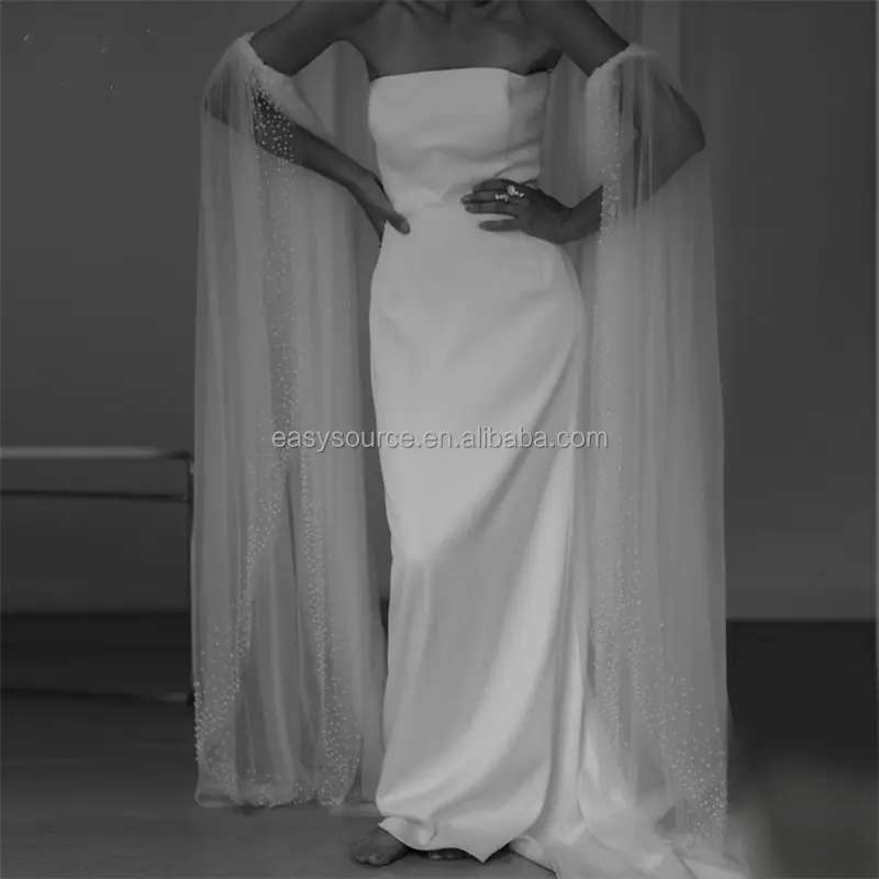YM151 Pearls Wedding Shawl Soft Tulle Bride Cape for Evening Dress
