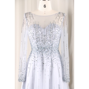 Mới màu xanh dài tay áo sang trọng xem qua tham gia cô dâu nặng beadings A-line buổi tối Áo Đầm nữ hoàng phong cách cuộc họp thường niên - Product Image 6