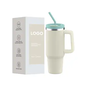 Double Wall Insulated Travel Mug 40 Oz Custom Logo Stainless Steel Vacuum Travel Tumbler With Straw And Handle