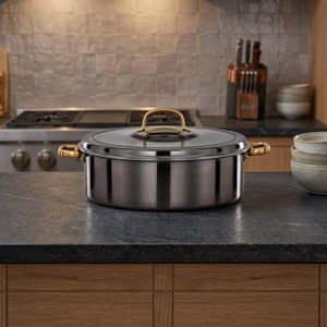 Casserole moderne en acier inoxydable avec couvercle, design rond, poignées en alliage de zinc - Product Image 2