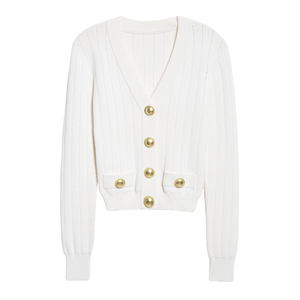 Cardigan tricoté de luxe personnalisé OEM ODM, mode féminine, tricots pour femmes, <span class=keywords><strong>pull</strong></span> à épaulettes, cardigans en tricot à boutons dorés pour femmes - Product Image 1