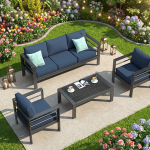 Ensemble de meubles de terrasse en aluminium moderne pour <span class=keywords><strong>jardin</strong></span>, canapé d'extérieur en métal gris avec housses imperméables - Product Image 2