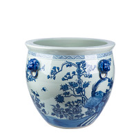 Grand vase décoratif en céramique bleu et blanc de style chinois, motif floral peint à la main avec des oreilles de bête, pour la maison