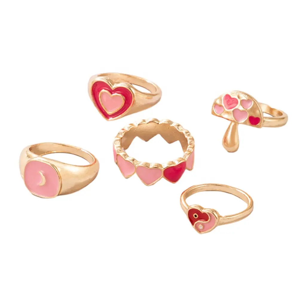 Fashion Personality 18K Gold Plated 925 Sterling Silver Lovely Pink Heart Boho Custom Ring Set for Women