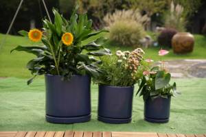 American Style Ceramic Flower Pot Planter <b>Set</b> Glossy Navy Blue Cylindrical Design Eco-Friendly Drainage Hole Indoor Outdoor - Product Image 2