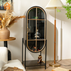 マンバホームアクセントヴィンテージレトロブラックアーチトールメタルキャビネット、棚とリビングルーム用ガラスドア付き - Product Image 5