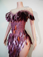 Robe de danse sexy pour groupe de filles, couleur violet ombré, avec plumes 3D, feuilles, strass, maille transparente et fente haute, tenue de scène, Drag Queen