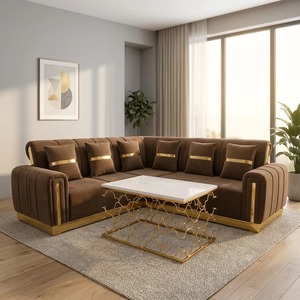 Contemporary Brown Velvet Corner Sectional <b>Sofa</b> with Metallic <b>Gold</b> Details Plush Cushioned Seating for Elegant Living Rooms - Product Image 6