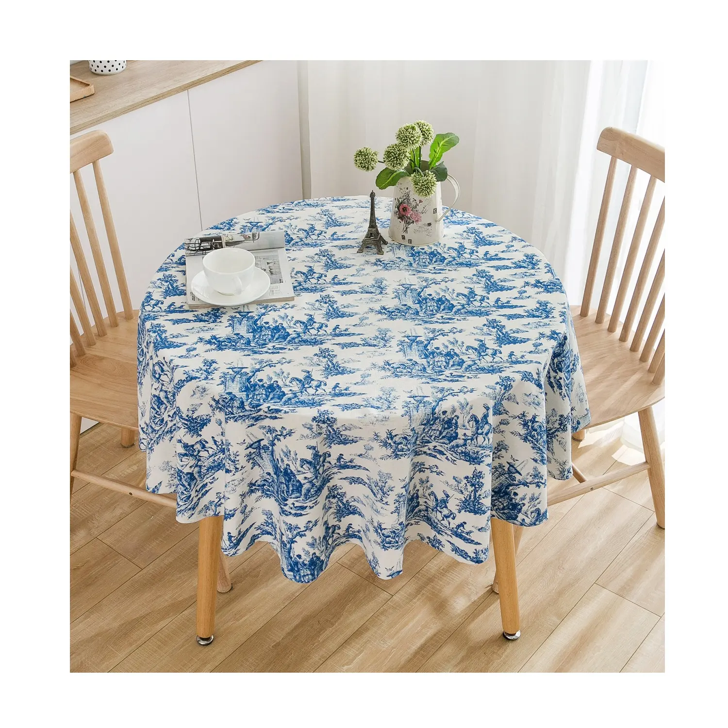 Mantel personalizado 100% poliéster estampado floral azul cubierta de mesa floral manteles para comedor
