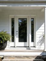 Porte de patio moderne Fangda en fibre de verre, double vitrage, battante, manuelle, apprêtée blanche avec transom et surface finie