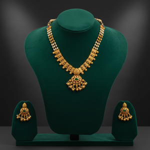 Parure de collier long en or avec pendentif style temple, chaîne perlée, incrustations de pierres multicolores et boucles d'oreilles pendantes traditionnelles - Product Image 1