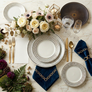 Service de table en céramique de style H-Deco de luxe, assiettes en porcelaine géométriques noires et blanches pour hôtel, restaurant, mariage, vente en gros - Product Image 2