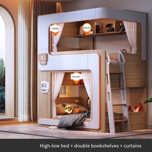 Modern Wooden Bunk Bed With LED Lighting <b>Shelves</b> and Stairs Space Saving Two Tier for Kids Room Bunk Bed - Product Image 2